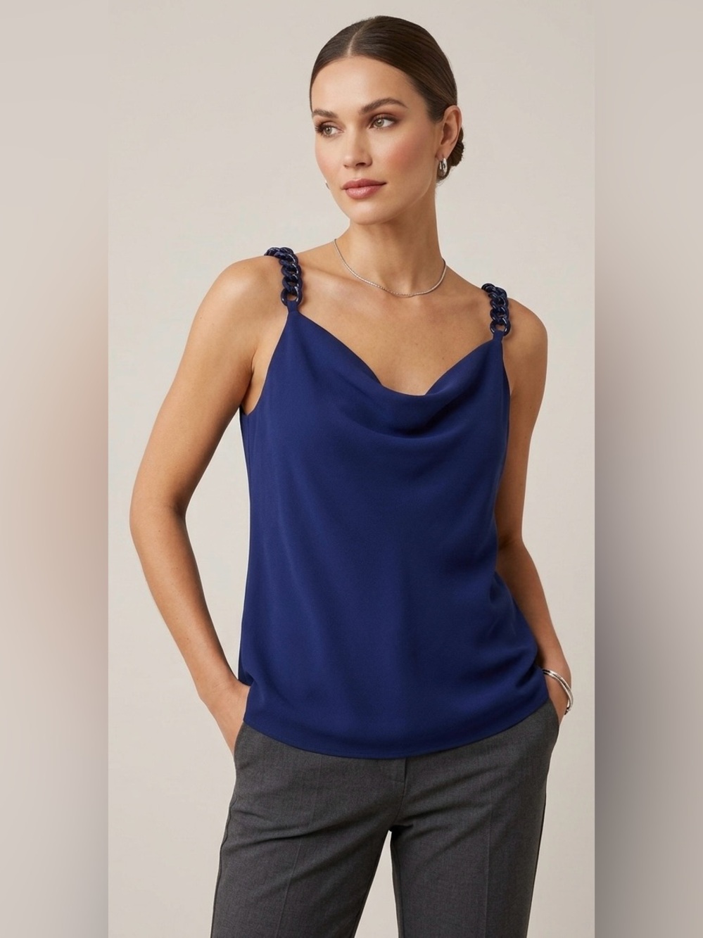 Trina Turk Royal Blue Cowl Neck Camisole Top with Chain Straps - Size L